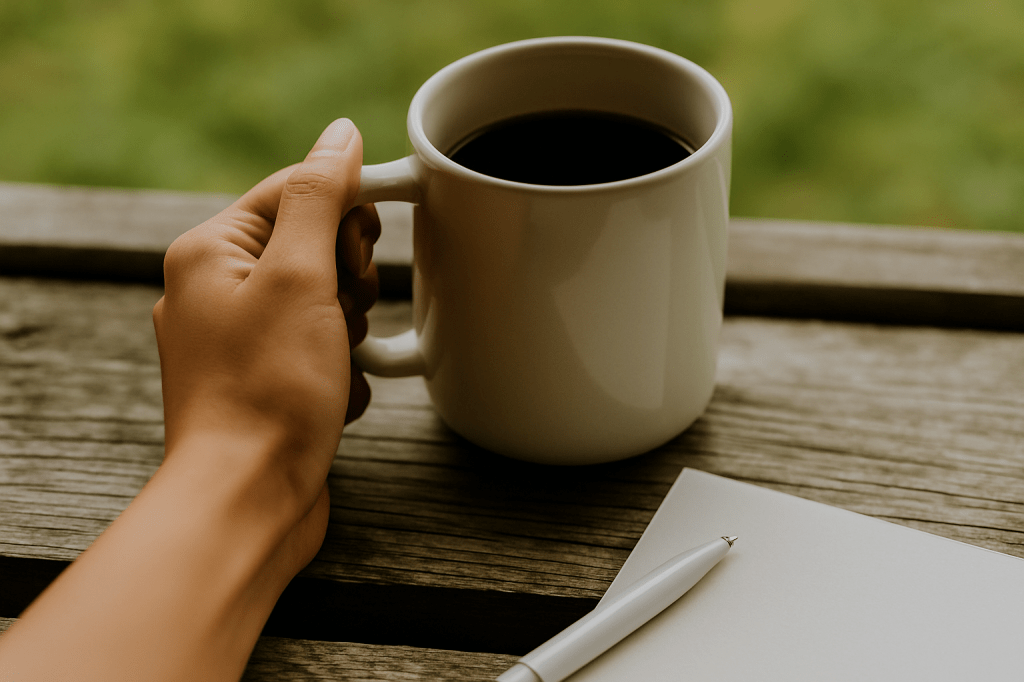 A hand holding a coffee mug next to a blank paper on a rustic wooden table – a peaceful moment for mindful reflection.