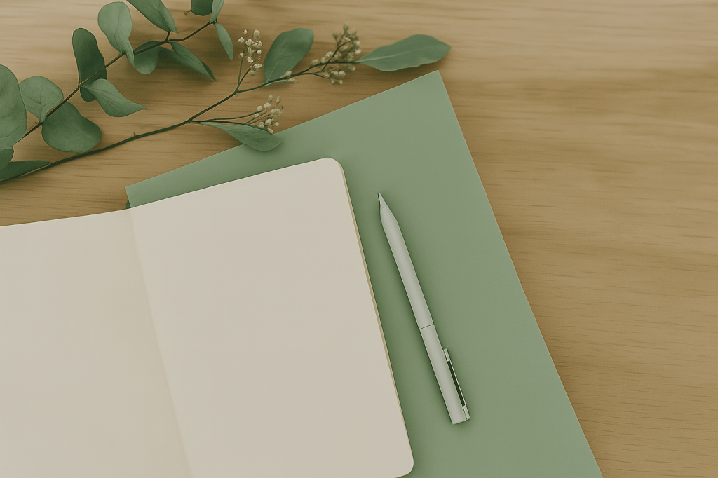 An open cream-colored notebook and pen on a wooden desk with eucalyptus leaves – minimal and calm composition for mindful journaling.